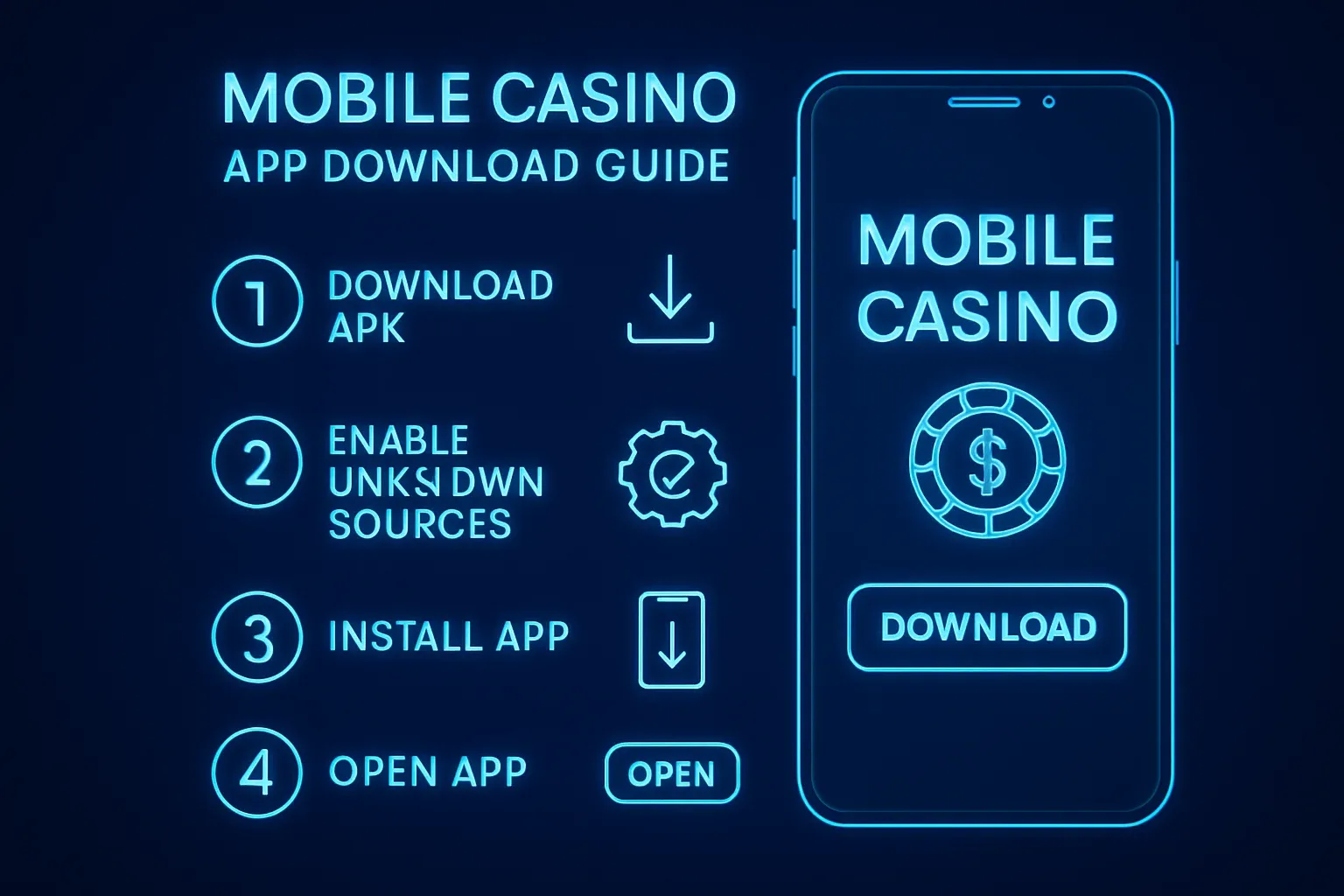 Android phone infographic showing mobile casino app APK installation steps