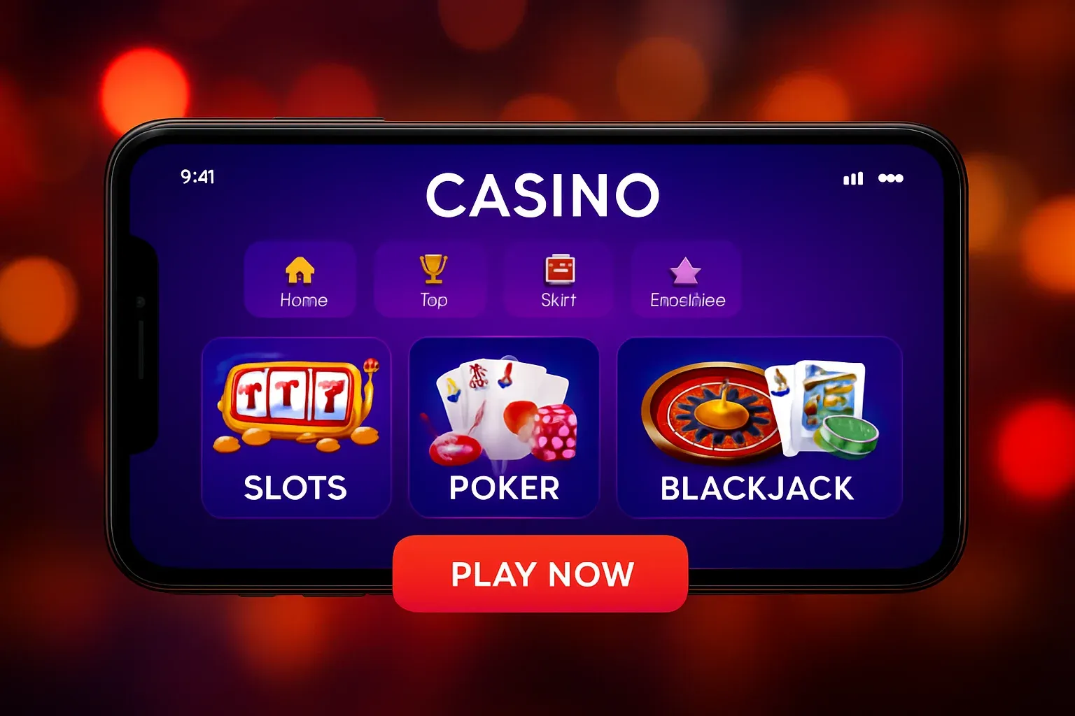 Android smartphone mockup showing casino mobile app game lobby interface