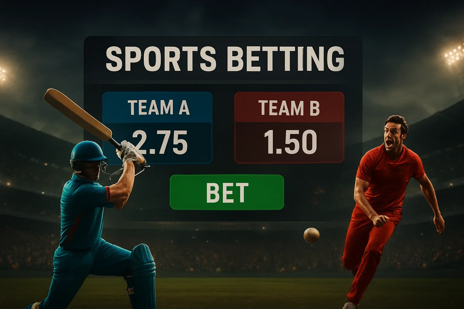 Sports betting banner with cricket action, stadium crowd, and betting interface