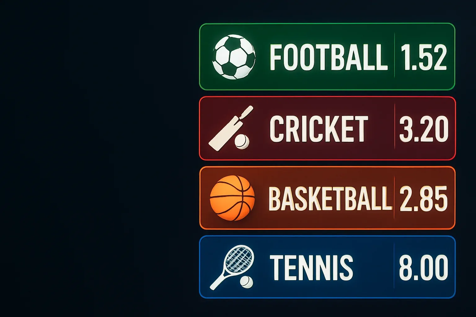 Sports betting markets display with football cricket basketball tennis odds