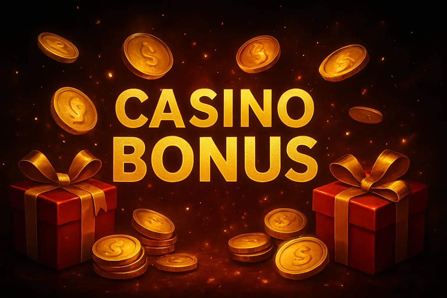 Casino bonus banner with golden coins, gift boxes, and sparkles