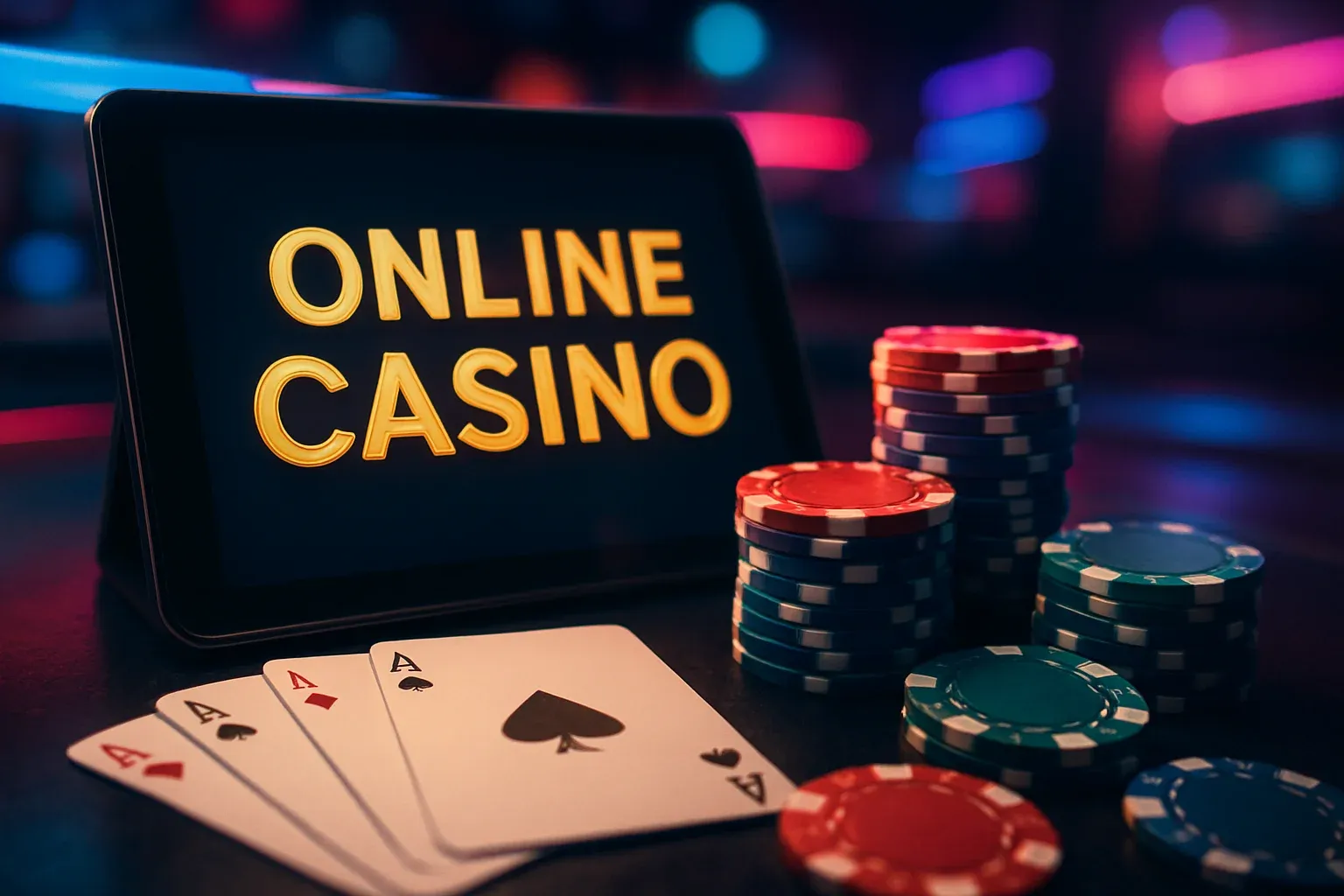 Luxury online casino hero banner with neon lights, chips and cards