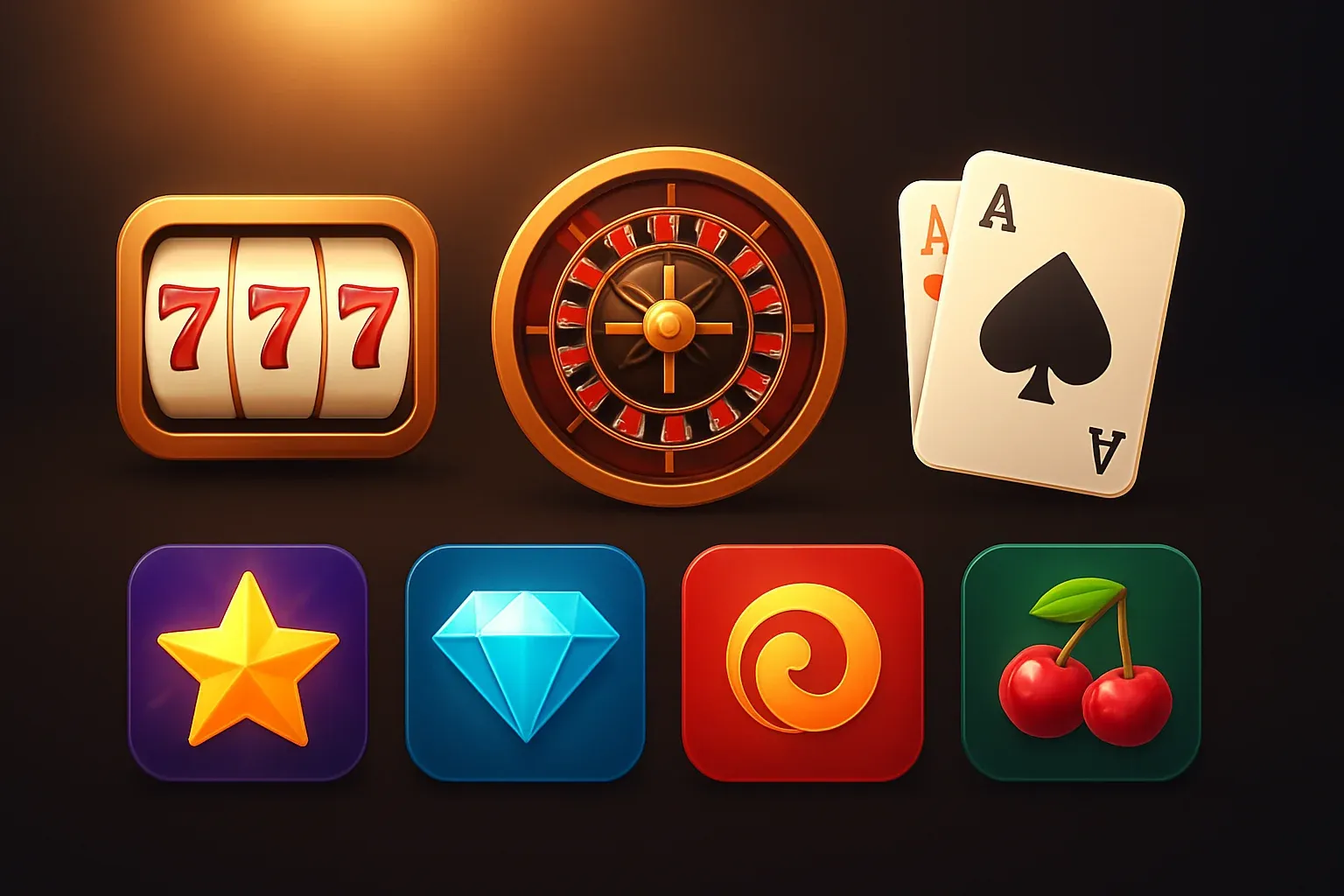 Popular casino game icons with roulette, cards, slots, dark background
