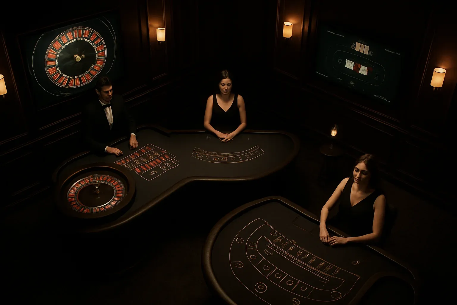 Elegant live casino studio with dealers, roulette and blackjack screens