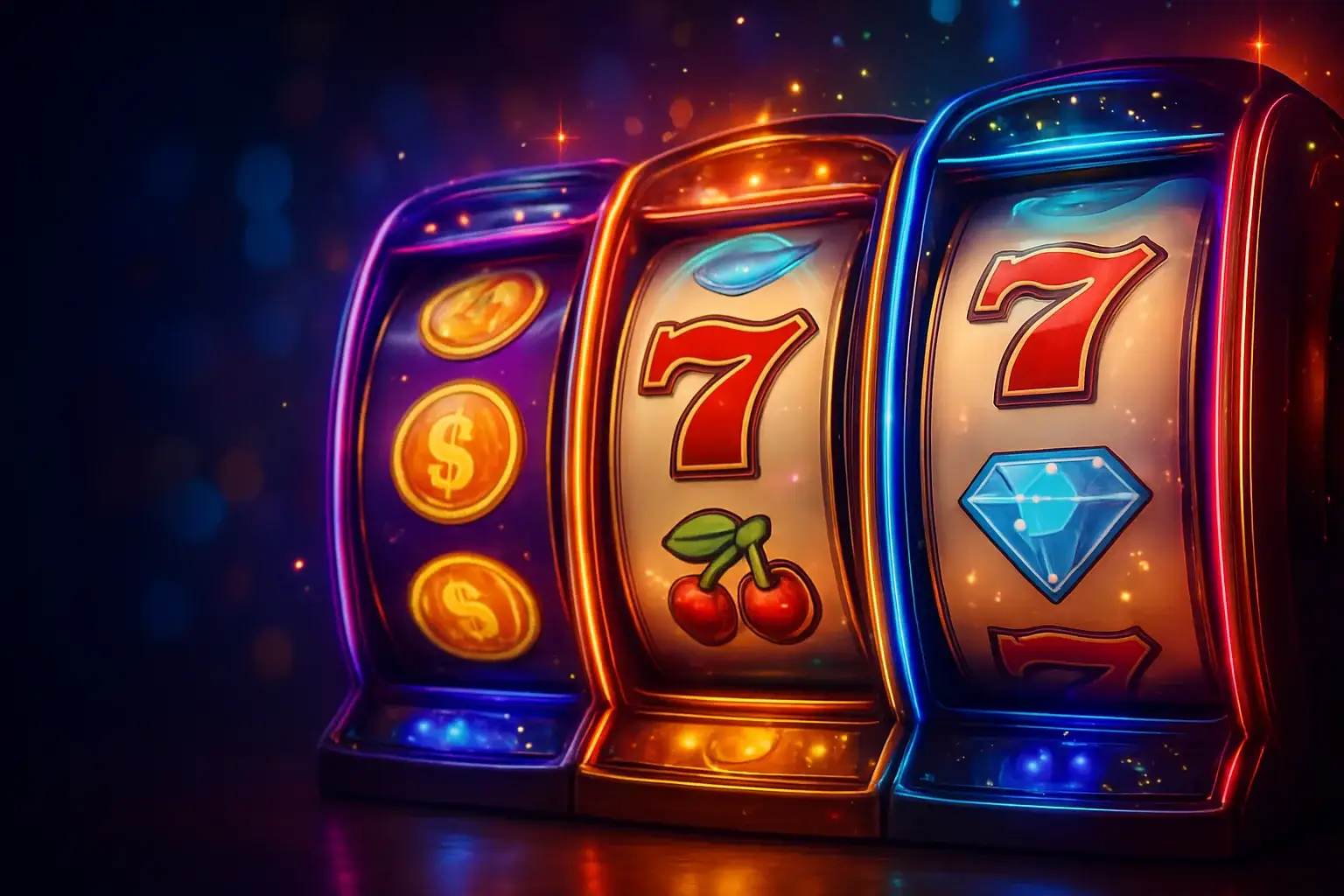 Colorful casino slot machines collage with coins, diamonds, and 7s