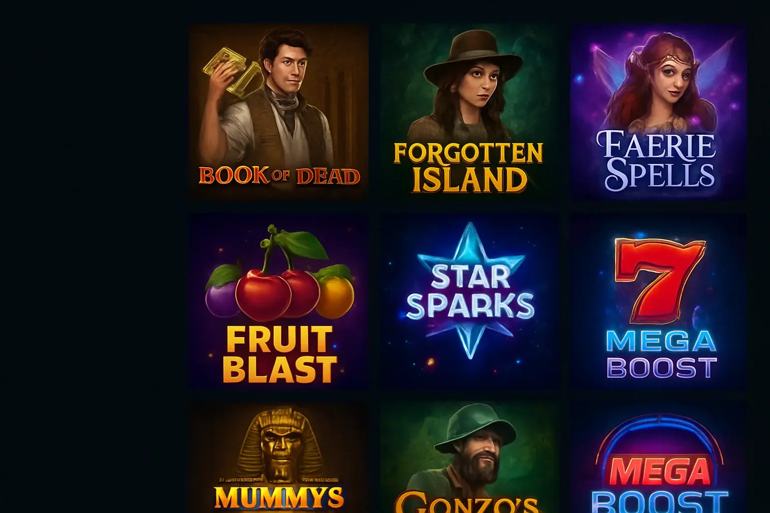 Grid of popular slot game thumbnails with Egypt, fantasy, fruit, sci-fi themes